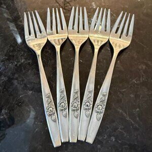 5pc Oneida SSS Our Rose 5 Salad Forks Stainless Flatware Glossy RETIRED My Rose